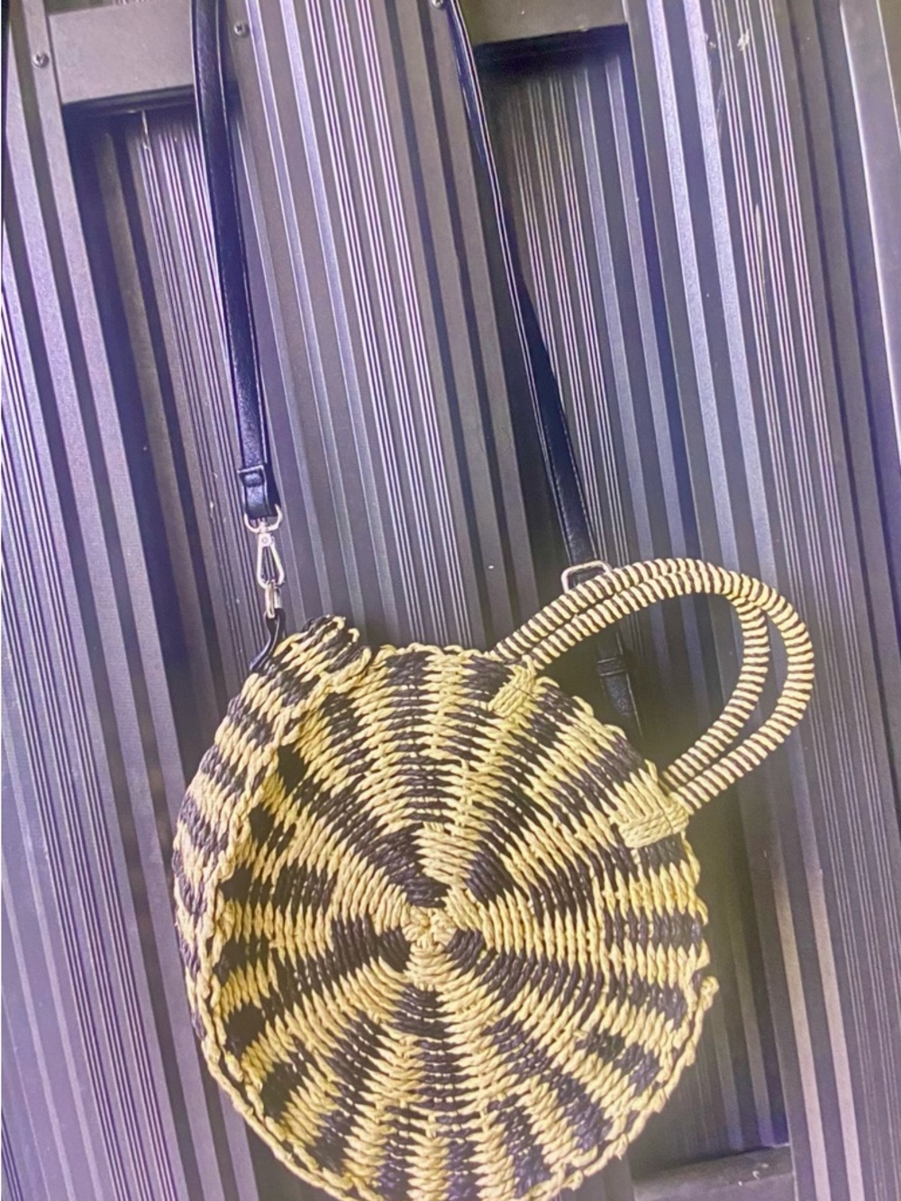 Woven Round Straw Crossbody Bag in Natural & Black